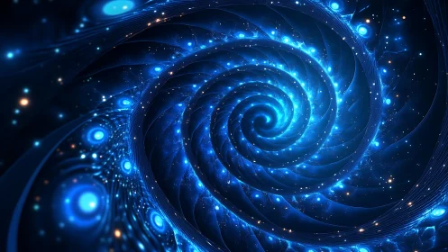 Luminous blue fractal vortex spirals into a cosmic digital abyss