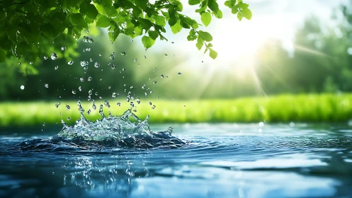 Water surface splash under green leaves in bright sunlight