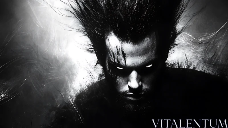 Dark monochrome portrait shows intense glowing eyed figure
