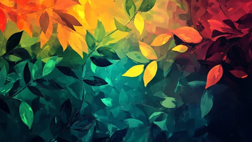Multicolored leaf clusters across gradient background.