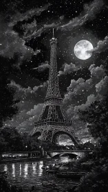 Eiffel Tower under starry Paris sky in monochrome night.