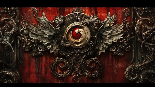 Winged metal crest unfolds over a fiery red ornate wall