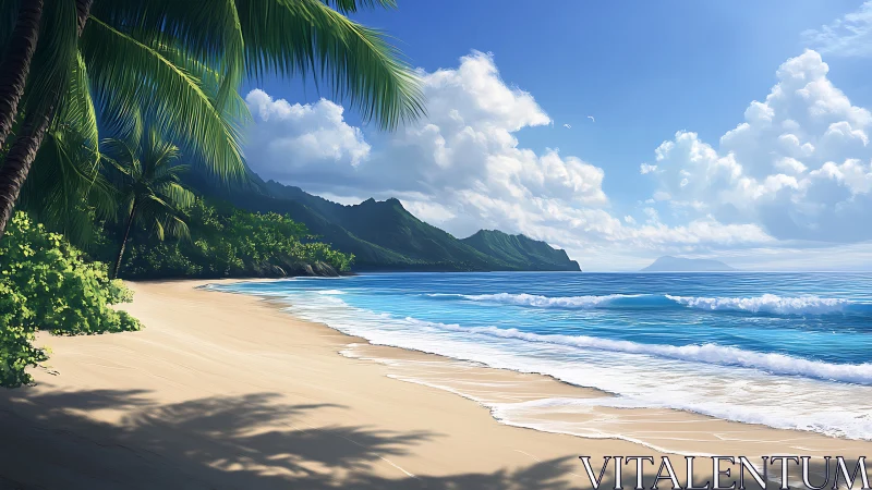 Tropical Beach Cove with Palm Fronds and Mountain Backdrop