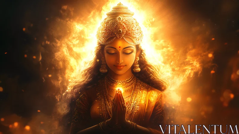 Divine female deity portrait in radiant golden fire halo glow