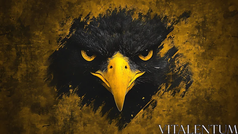 Fierce Eagle Face Digital Art with Grunge Golden Background.
