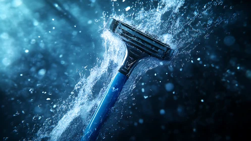 Wet blue razor in dynamic splash against dark water.
