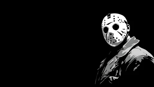 Masked shadow sentinel stalks the void in stark monochrome.