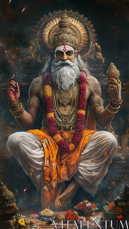 Mystic Hindu sage levitating above ornate temple altar.