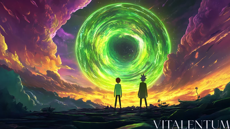 Two figures stand under glowing green vortex in vivid sky