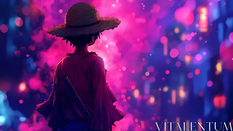 Straw hat wanderer in neon night haze of color and quiet.