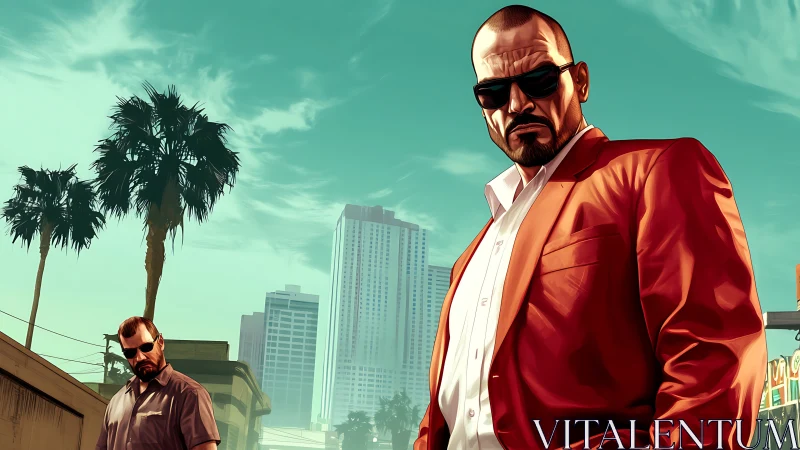 Sunlit crime duo stalks a neon-tinged modern city street