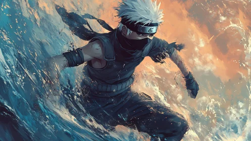 Dynamic masked warrior cutting through turbulent stylized water