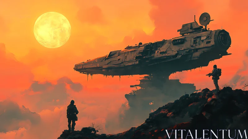 Colossal starship hovers above soldiers at molten sunset.