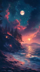 Moonlit cliffside cabins bathe in twin sunset tides of fire.