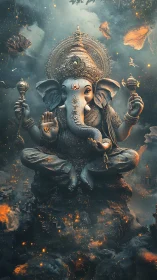 Elephant-headed deity statue sits amid smoky glowing ruins