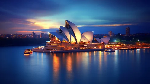 Sydney Opera House glows over harbor waters at twilight.