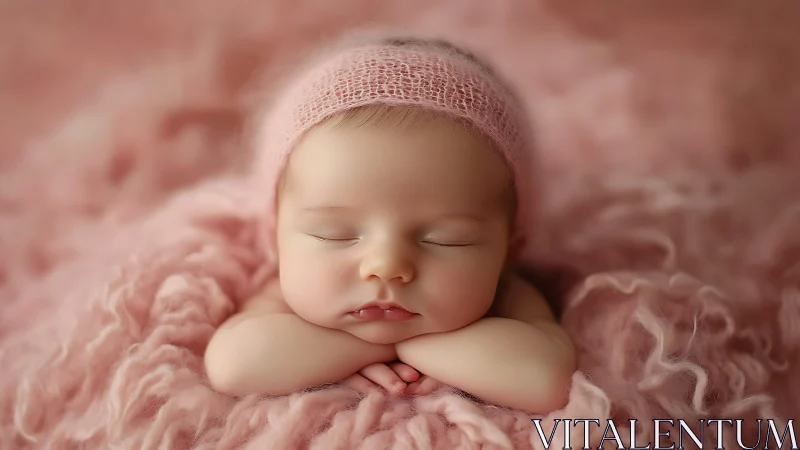 Sleeping Newborn in Pink Knit Hat on Textured Blanket