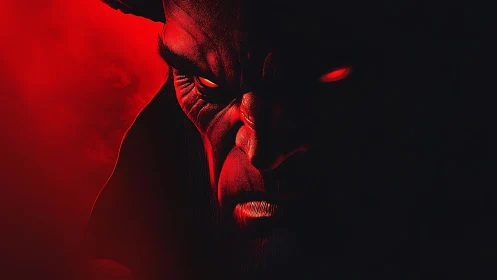 Demonic close-up portrait in red-black chiaroscuro lighting