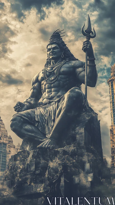 Monumental seated deity statue with trident above cityscape.