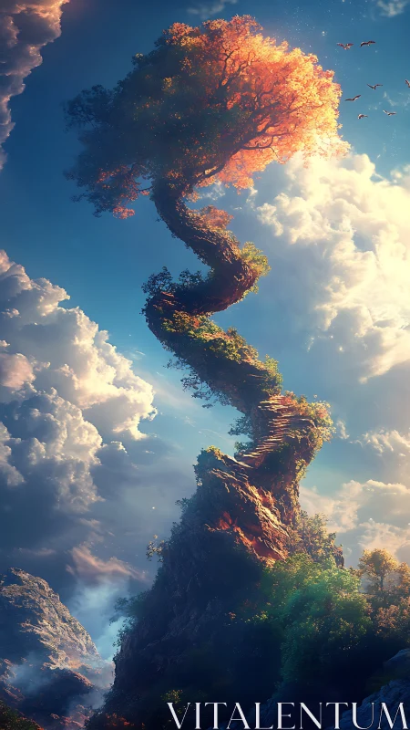 Spiraling skyward tree crowns a sunlit fantasy peak.