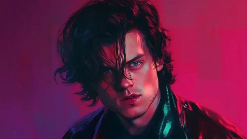 Male portrait in neon magenta and blue lighting on dark ground.