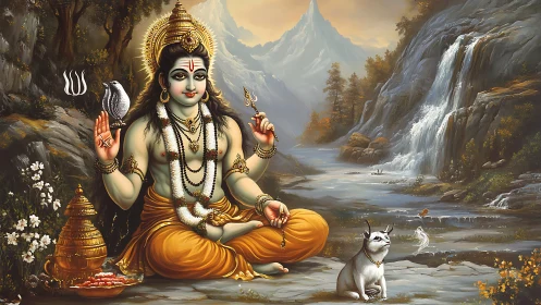 Seated deity with trident in detailed mountain river landscape