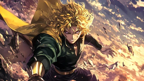 Blond anime warrior flying through shattered sky scene.