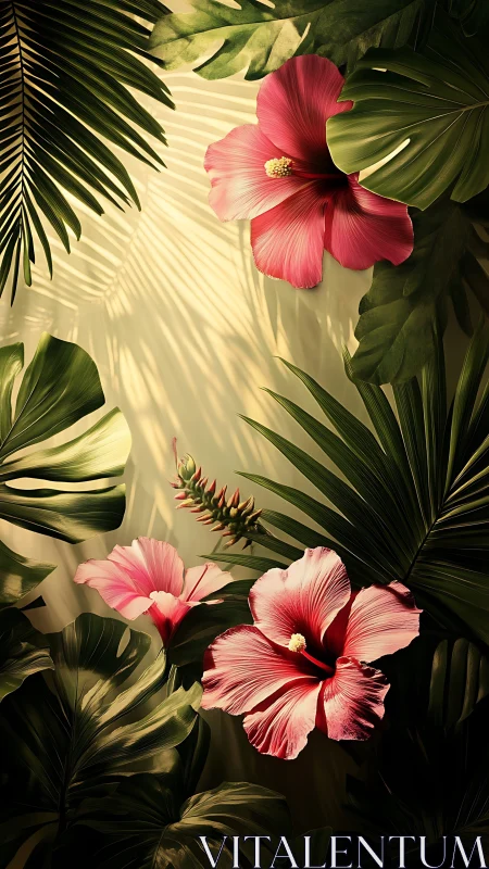 Rendered hibiscus flowers and tropical foliage under directional light