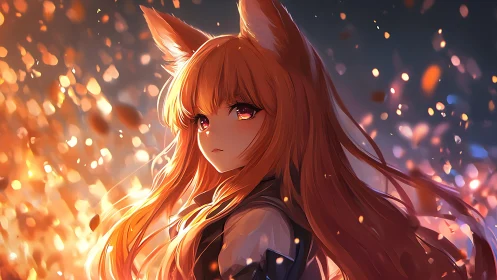Fox-eared anime character is rendered amid glowing particles.