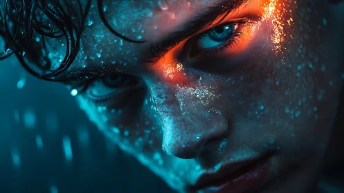 Close male face is lit by contrasting cyan and orange light