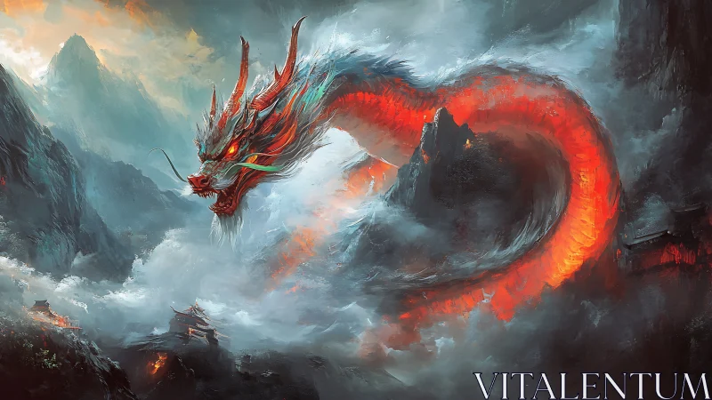 Firelit sky dragon winding through misty mountain storm.
