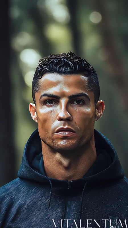 Focused male athlete portrait framed by blurred forest