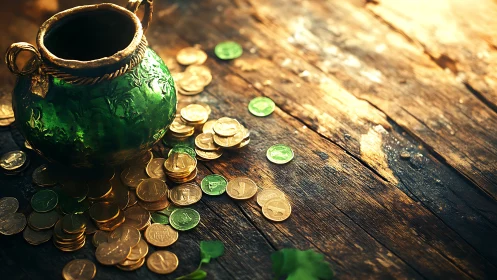 Emerald pot of gold coins glows on rustic wooden table.