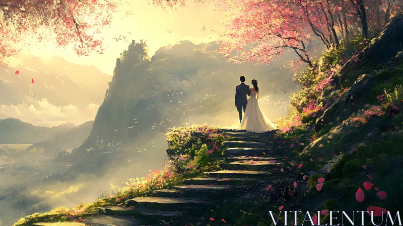 Bride and groom stand on mountain path under pink blossoms