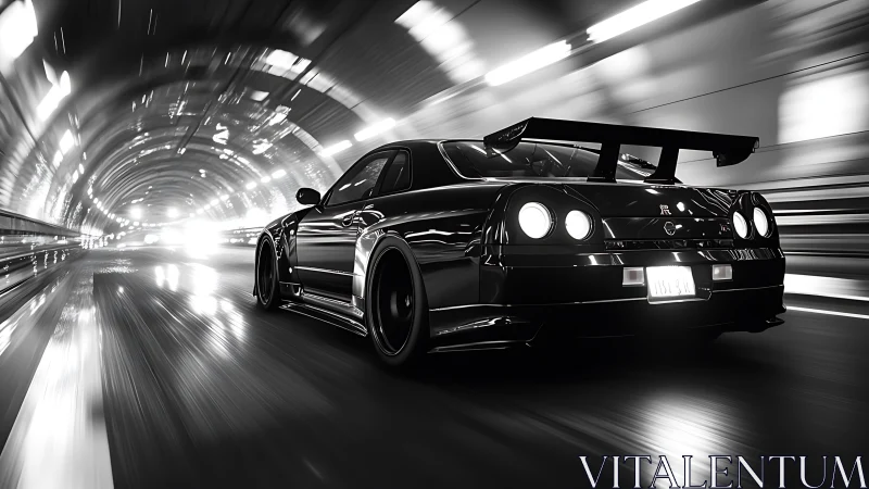 Midnight tuner car racing through luminous city tunnel.