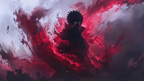 Dark shinobi rises within swirling red storm of burning power