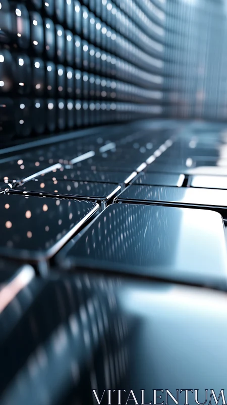 Reflective metallic grid surface in shallow focus perspective.