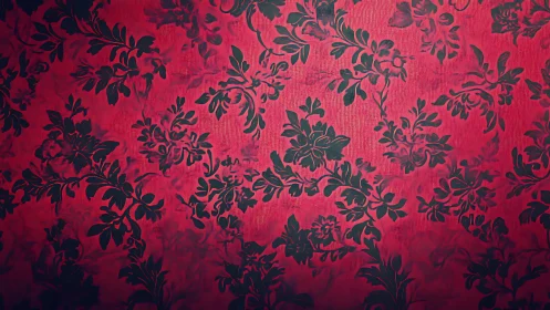 Red damask wallpaper with dark floral vine pattern design.