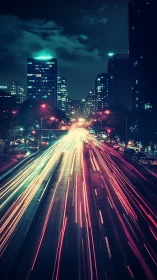 Neon traffic trails cut through dense nocturnal cityscape