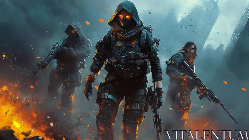 Three armed figures advance through burning urban ruins