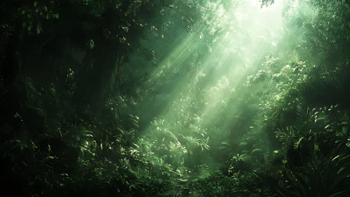 Dense tropical rainforest canopy illuminated by volumetric god rays through dense vegetation