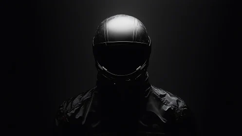 Motorcyclist silhouette wears glossy helmet in dark studio