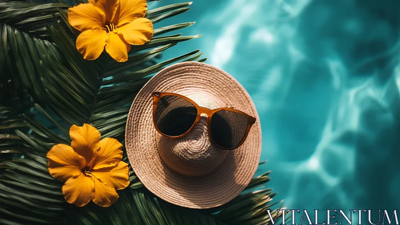 Straw hat and sunglasses arranged on palm leaves beside lit pool