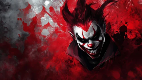 Red-lacquered nightmare clown erupts from a storm of paint