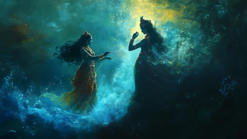 Divine figures rise in luminous ocean mist and swirling light