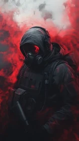 Masked soldier stands in toxic red smoke, exuding menace