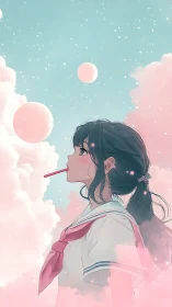 Girl in sailor uniform looks at pastel sky spheres calmly
