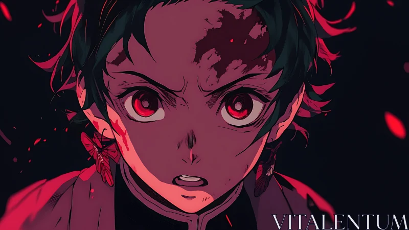 Intense anime warrior portrait in red dynamic lighting focus.