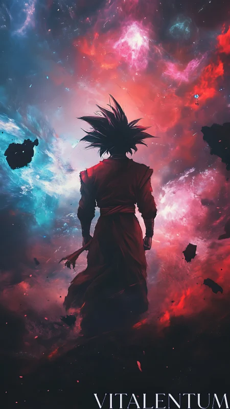 Backlit cosmic warrior in bifurcated red blue nebular field.