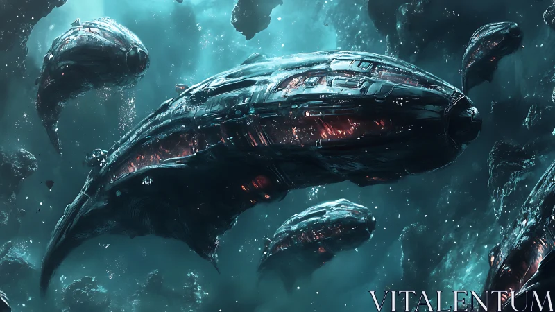 Biomechanical carrier flotilla traversing irradiated nebula depth.